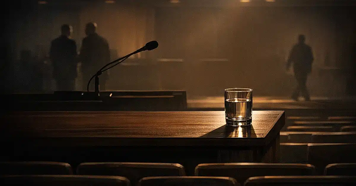 Empty auditorium with podium and glass of water, viewed from behind seats in dramatic lighting