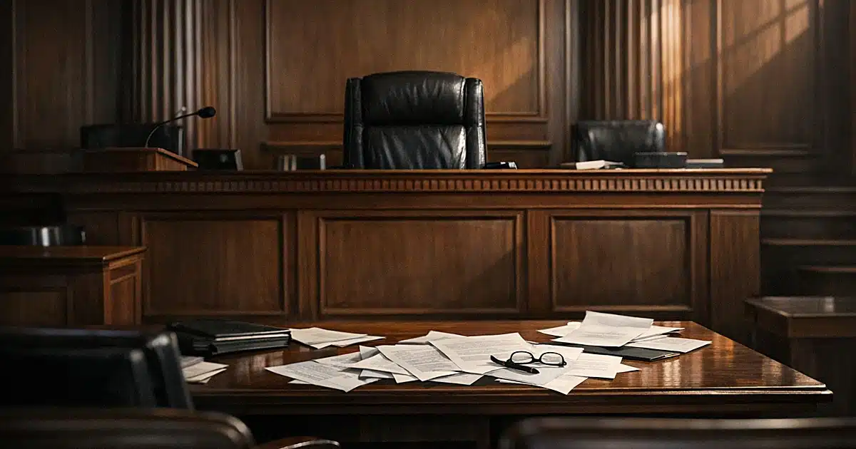 Empty federal courtroom with judicial bench and scattered papers on defense table in dramatic window lighting