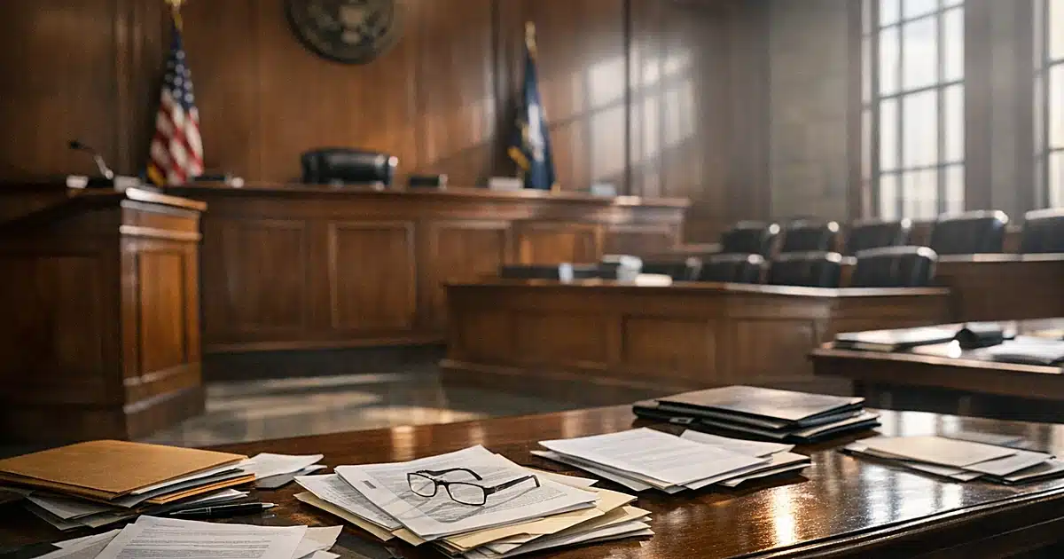 Empty federal courtroom interior with judicial bench, scattered legal documents on counsel tables, natural window light