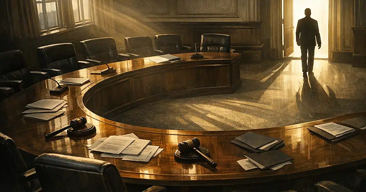 Silhouetted figure walking away from empty council chamber toward bright doorway, papers scattered on wooden table