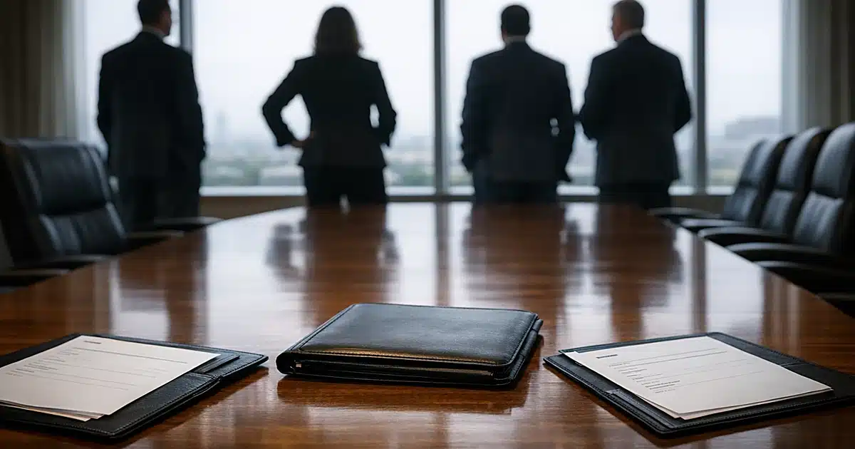 Conference room with blank travel folders on table and silhouetted figures standing near windows