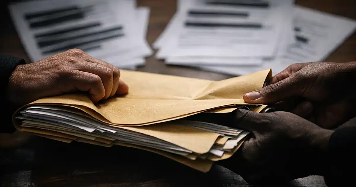 Silhouetted hands pulling opposing directions on classified folder with redacted documents in background