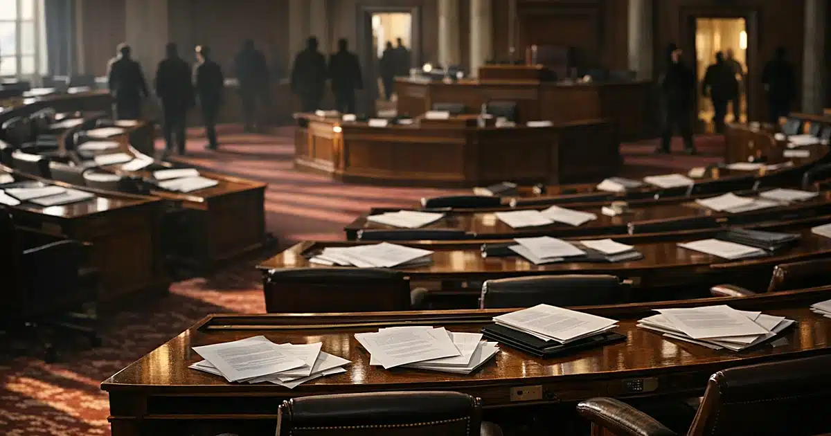 Interior of legislative chamber with scattered papers on desks and silhouetted figures in background