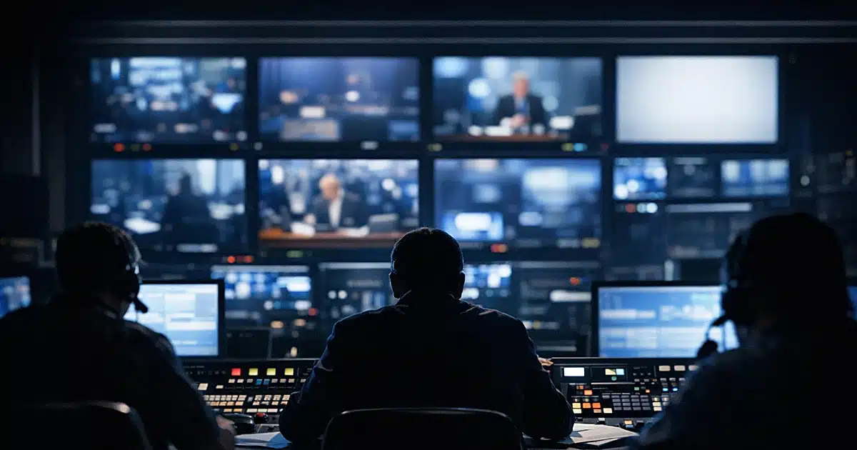 Silhouetted media workers at control panels facing blank glowing monitors in darkened television studio