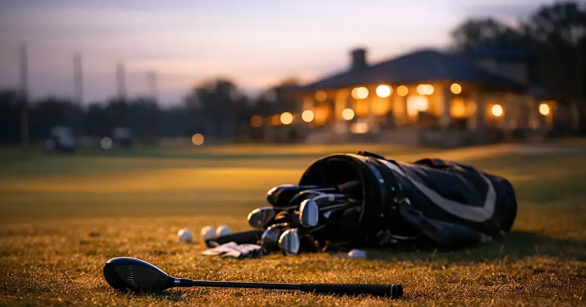 Empty golf bag tipped over with clubs spilled on practice facility grass at dusk