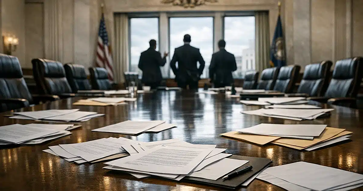 Federal Reserve boardroom table with scattered documents and silhouetted figures in background