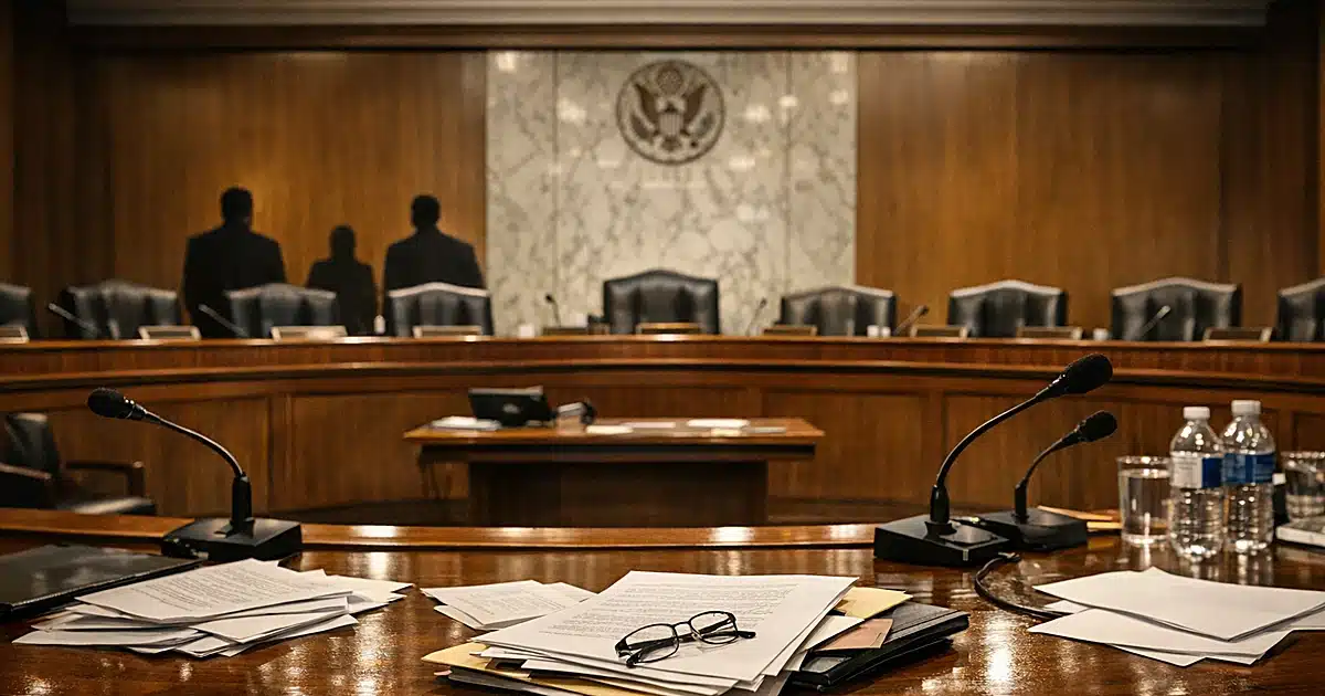 Empty Senate committee hearing room with curved dais, microphones, and scattered papers on polished wood surface