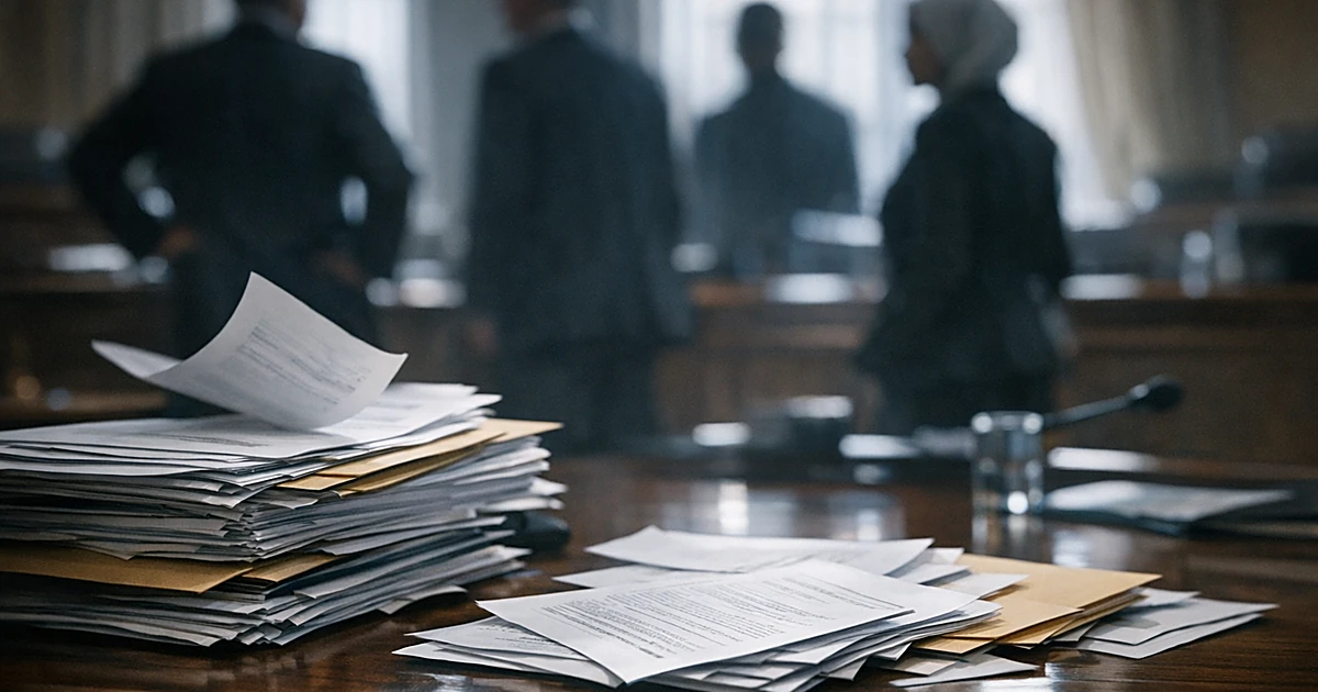 Financial documents and folders scattered on congressional hearing table with silhouetted figures in background