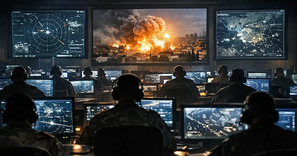 Military command center with silhouetted personnel at illuminated tactical workstations during nighttime operations