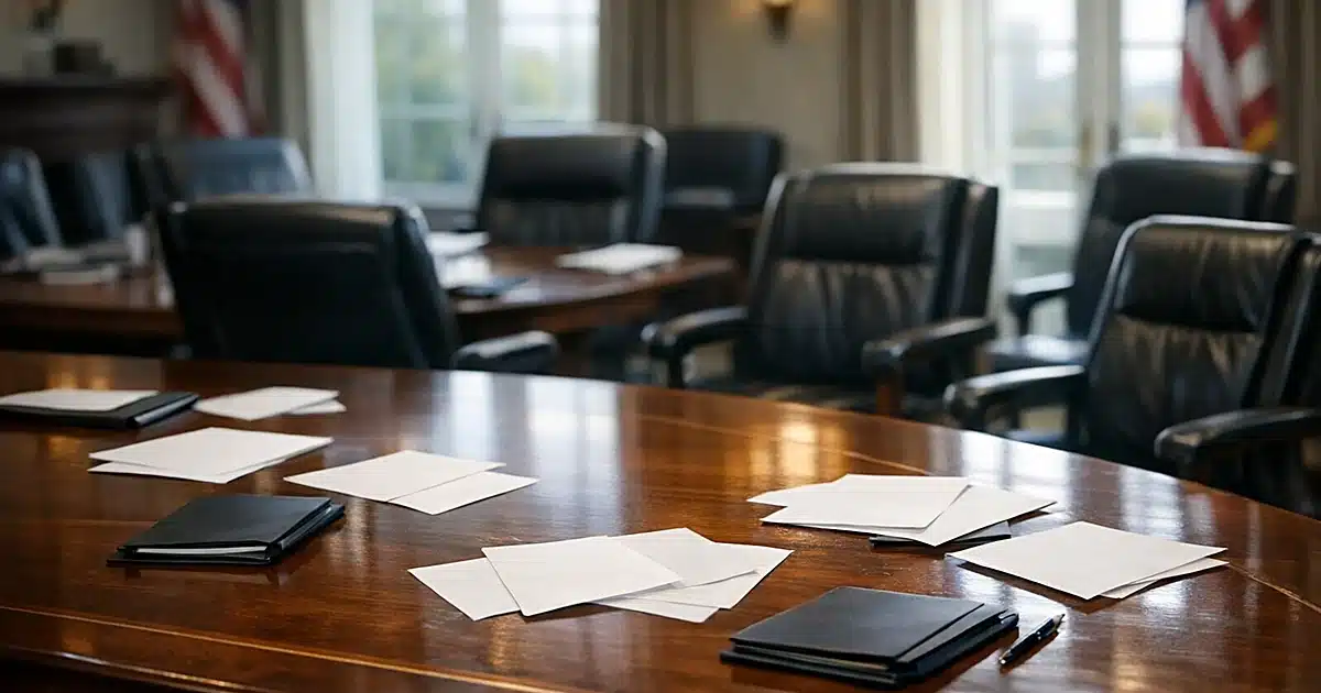 Empty executive conference room with vacant chairs and scattered papers on polished table
