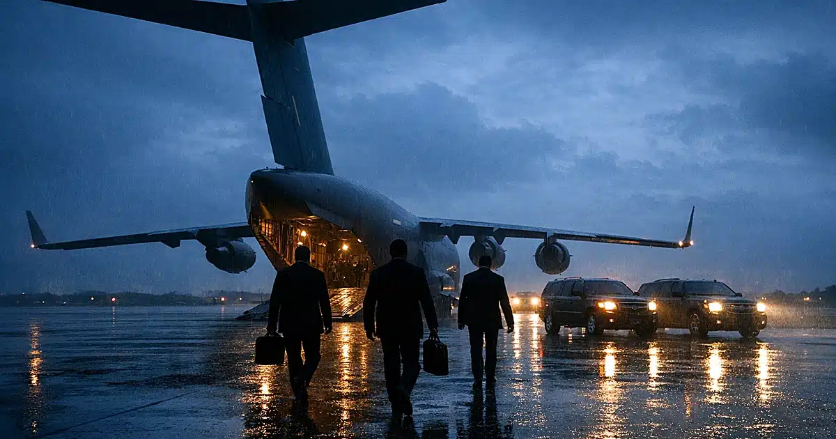 Silhouetted figures walking away from military transport aircraft on wet tarmac at dusk