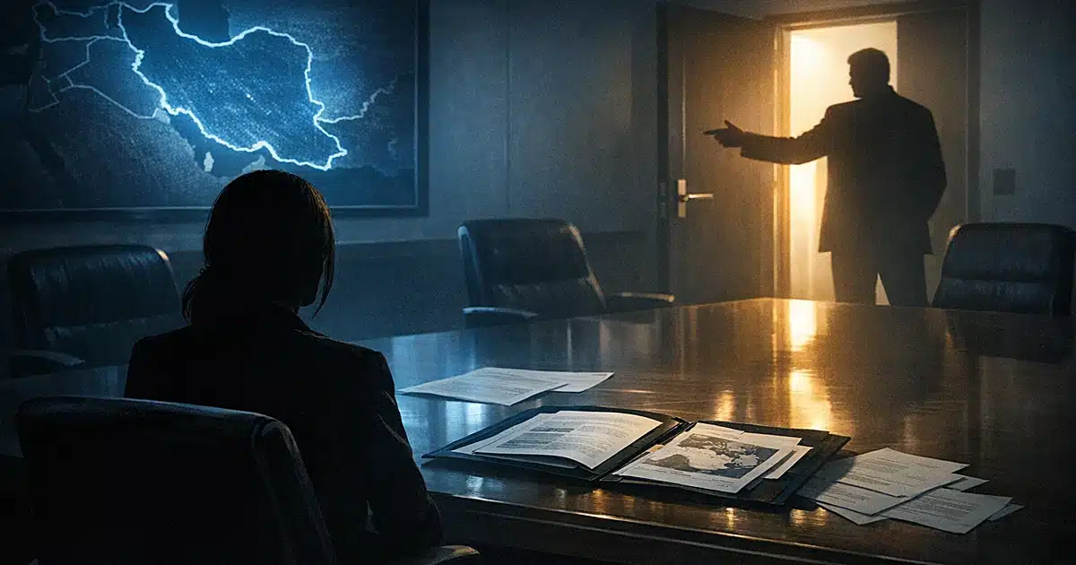 Silhouetted figures in situation room with one gesturing toward exit, intelligence documents on table, Middle East map glowin