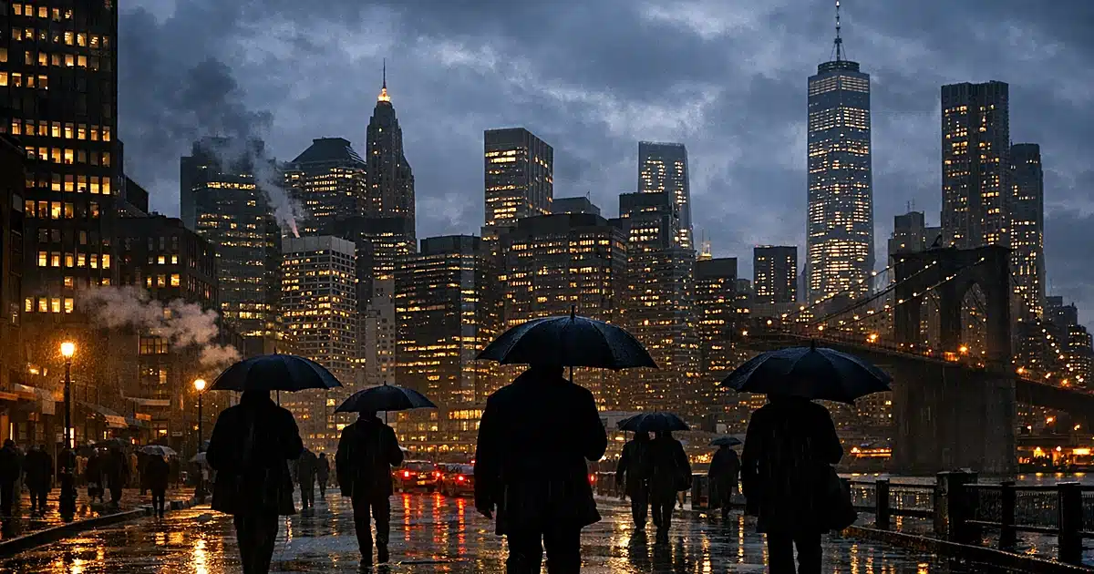 Silhouetted figures walking on wet New York City street at dusk with office towers in background