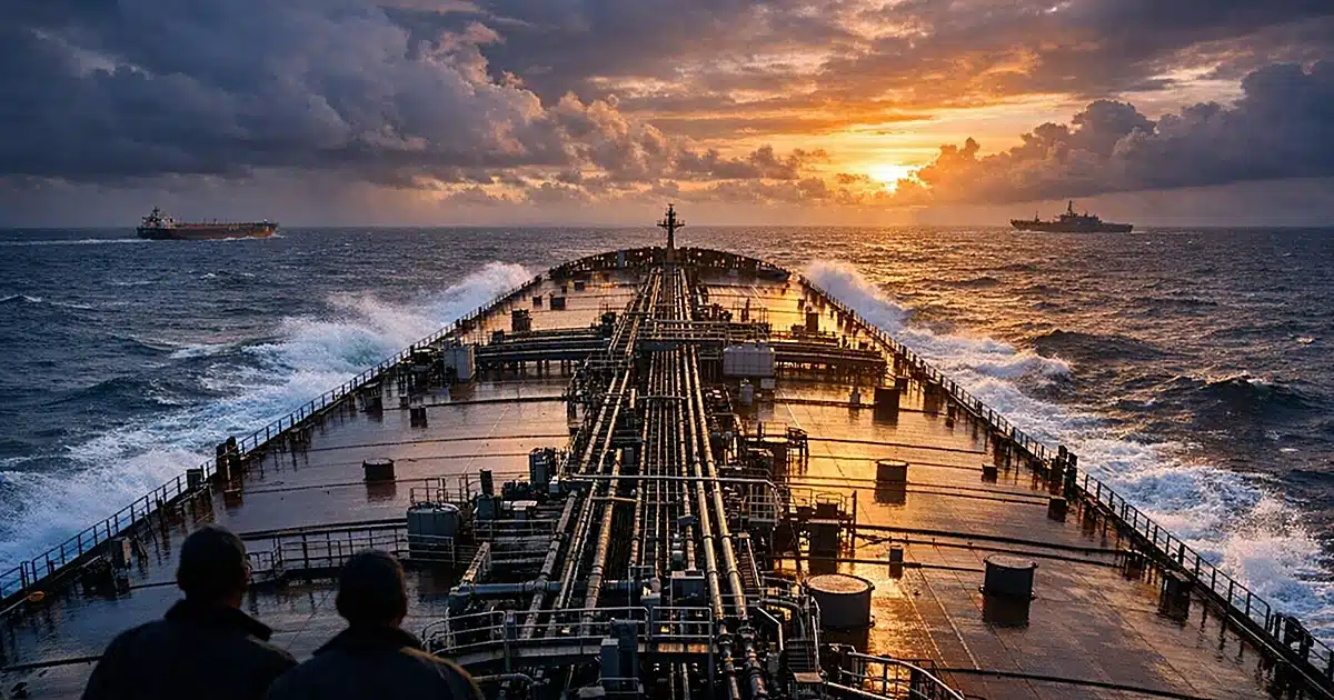 Large oil tanker ship moving through ocean waters at dusk with dramatic cloudy sky above