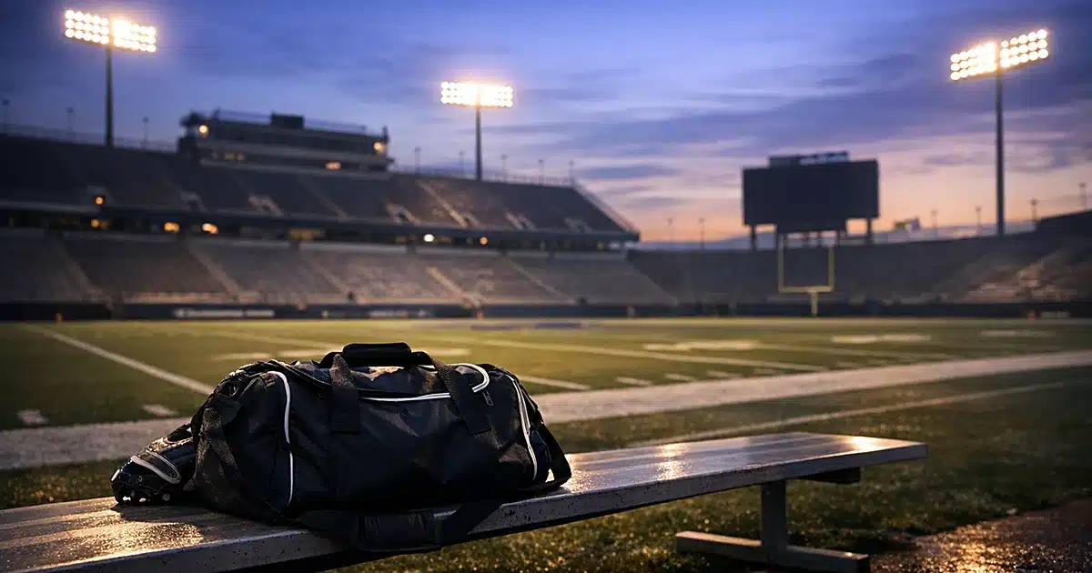 Empty college football stadium at dusk with abandoned athletic bag on sideline bench under glowing stadium lights