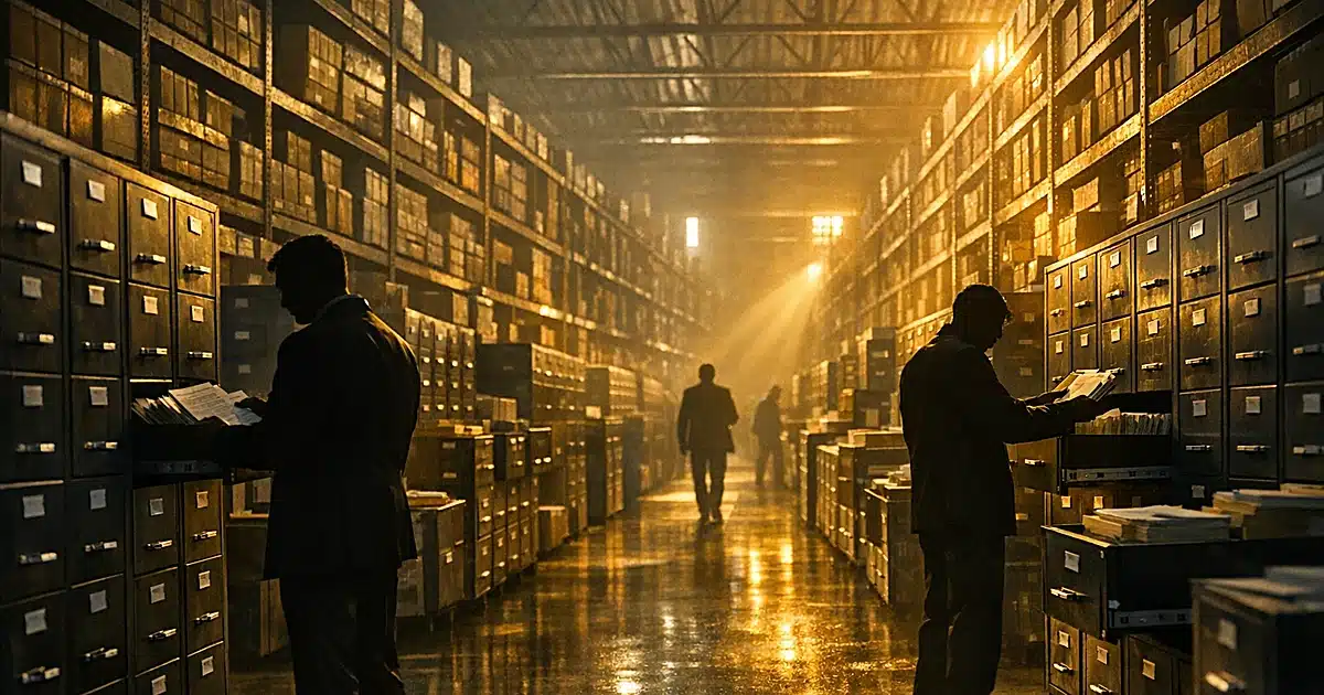 Government archive warehouse with rows of filing cabinets and silhouetted figures retrieving classified documents