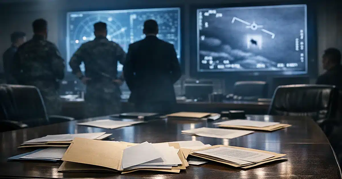 Pentagon briefing room with classified files on table and military personnel silhouettes viewing aerial tracking screens