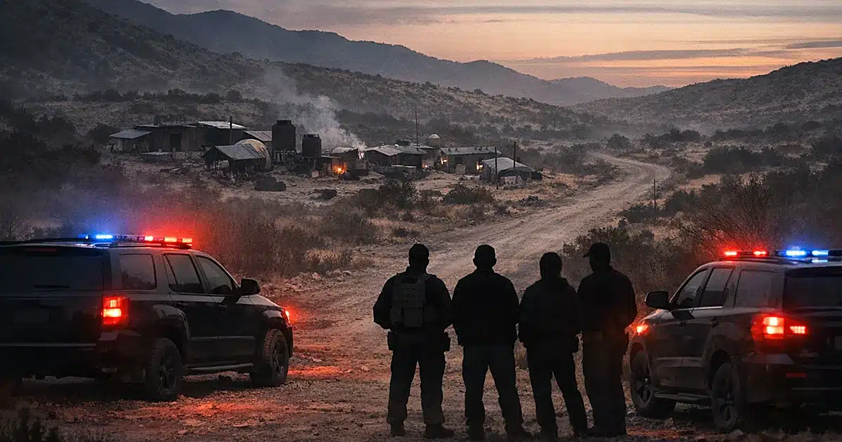 Silhouettes of officials and vehicles on remote desert road near abandoned structures in northern Mexico at dusk