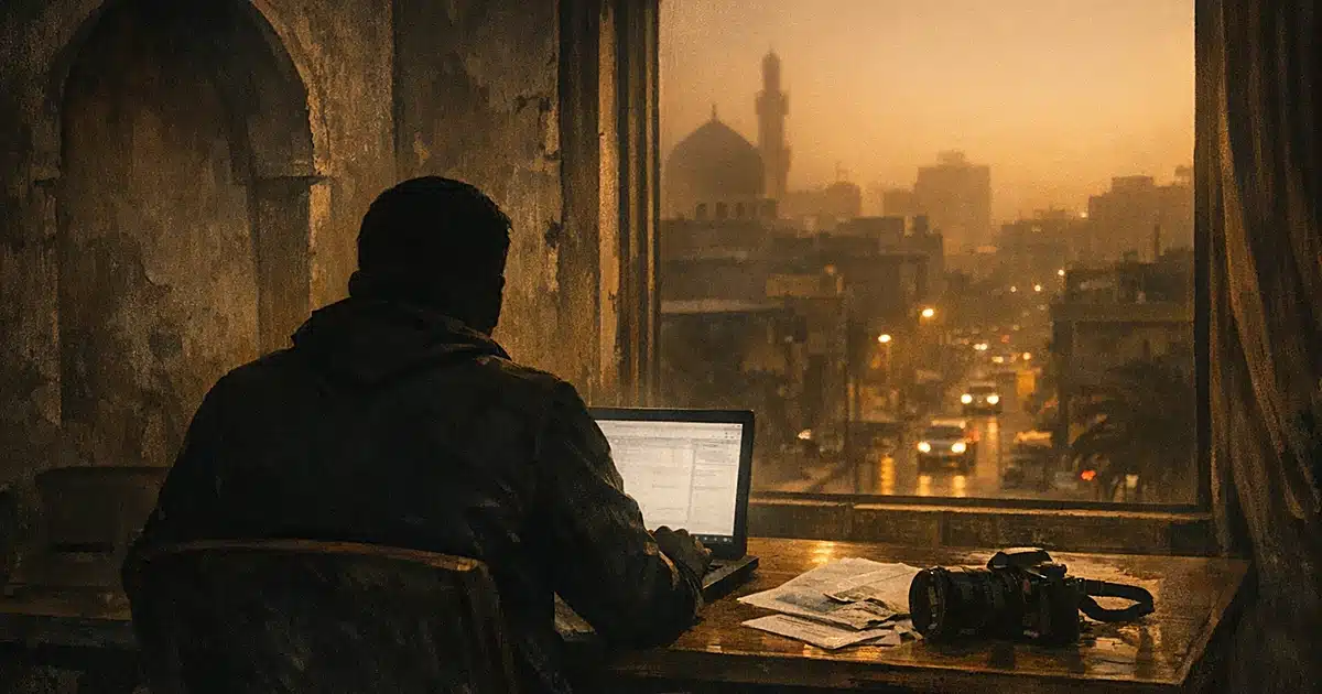 Silhouetted journalist at laptop in dim room overlooking Baghdad cityscape at dusk with camera and papers nearby