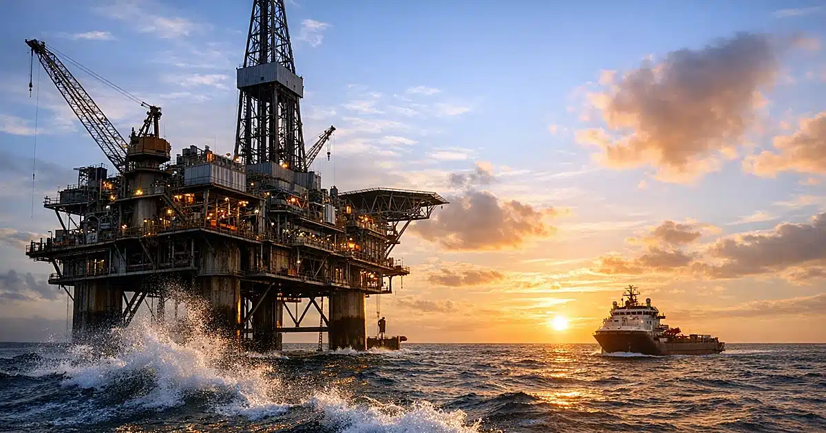 Offshore oil drilling platform in Gulf of Mexico with supply vessel approaching at golden hour