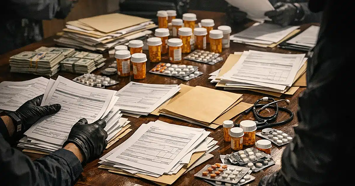 Federal evidence table with medical documents and prescription bottles being examined by silhouetted agent