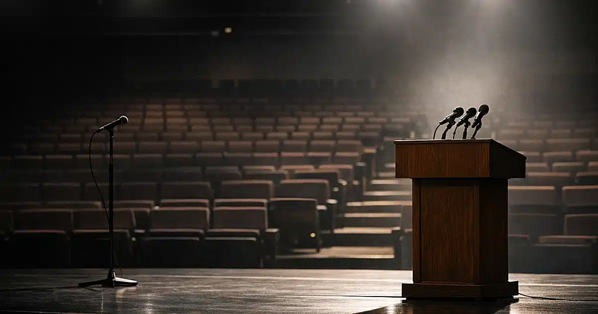 Empty university auditorium stage with single podium under stage lights, rows of vacant seats in background