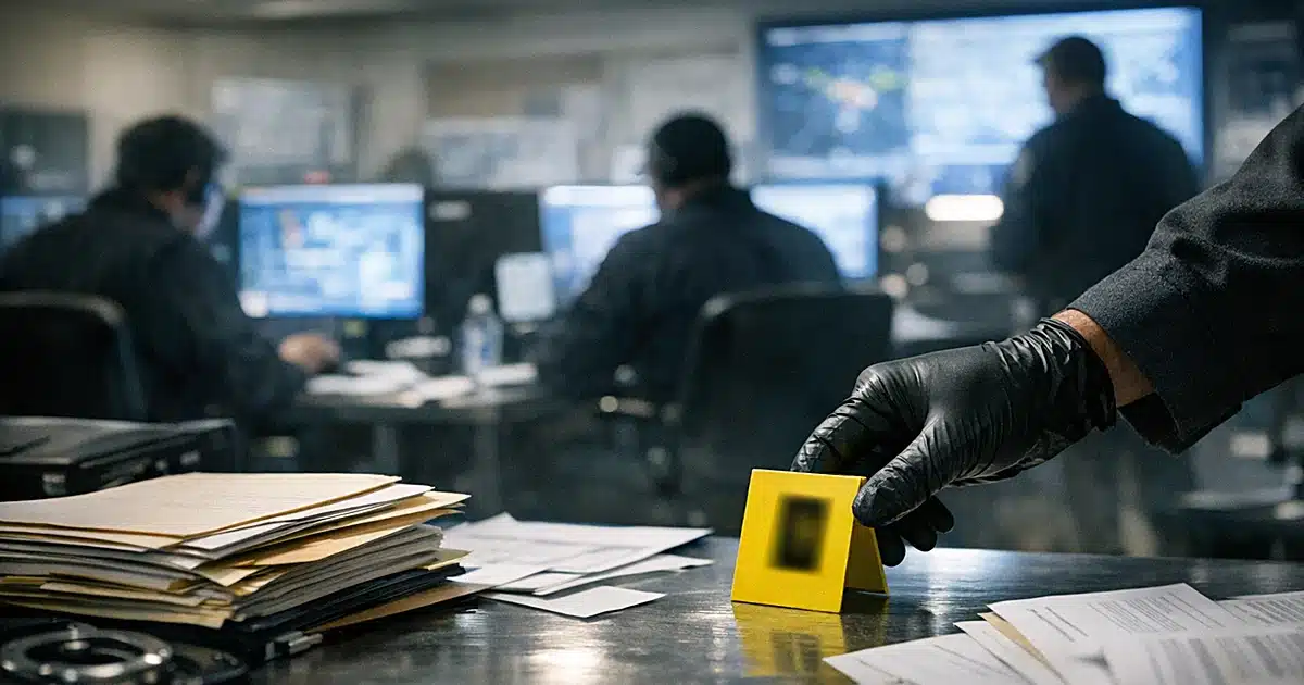 Federal agents working at desks with case files in law enforcement operations center