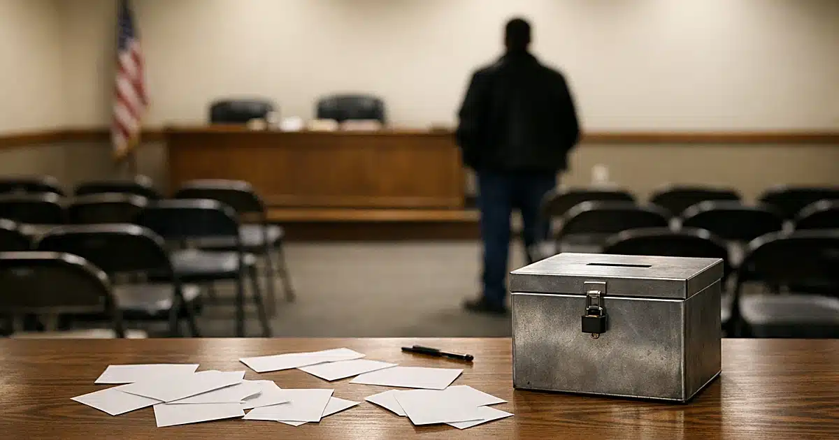 Empty meeting room with folding chairs, ballot box and scattered papers on table, silhouetted figure in background