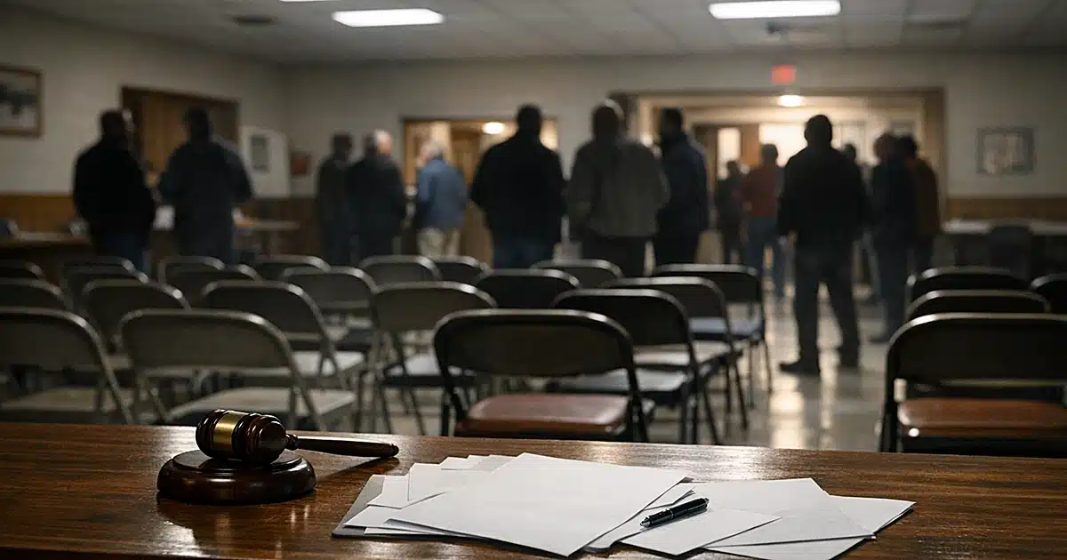 Empty meeting hall with folding chairs and table, silhouetted figures standing near entrance in background