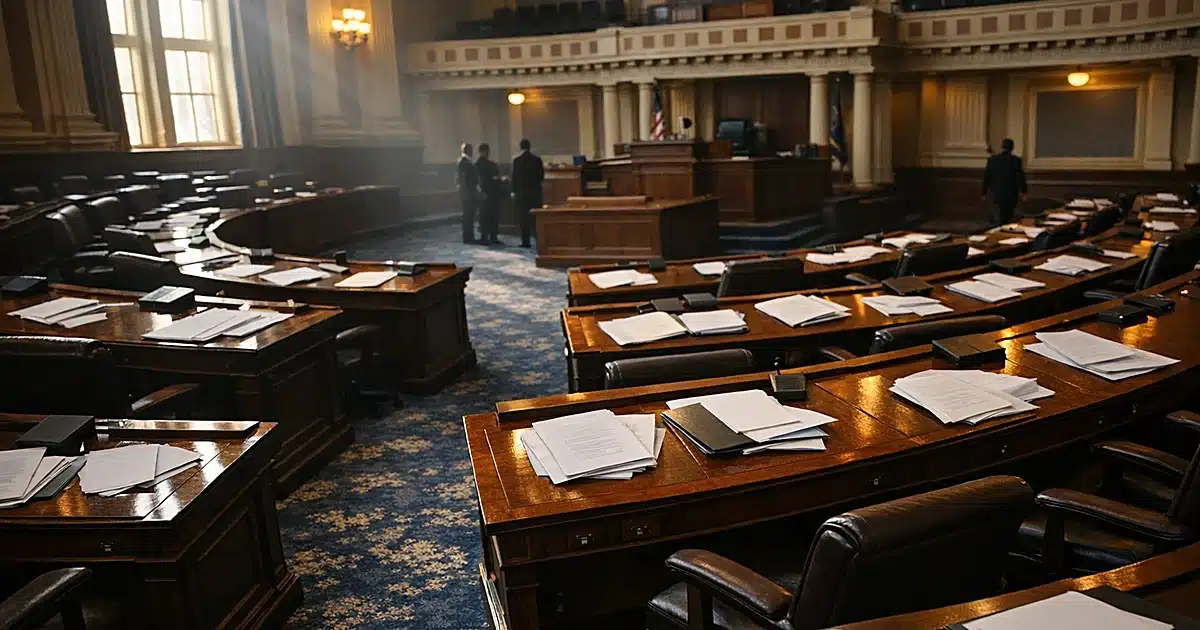 Empty legislative chamber with scattered papers on curved rows of desks, dramatic side lighting through windows