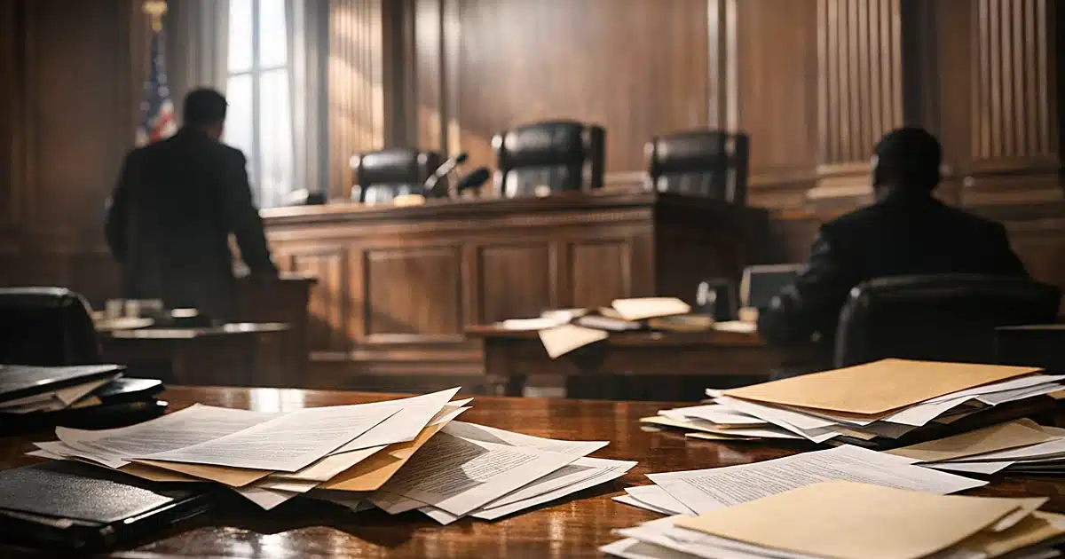 Empty state courtroom with scattered legal documents on tables and dramatic window lighting casting shadows