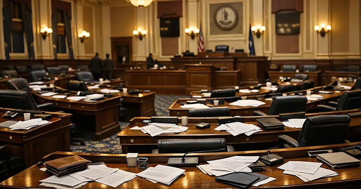 Empty state legislative chamber with scattered papers on desks and warm overhead lighting