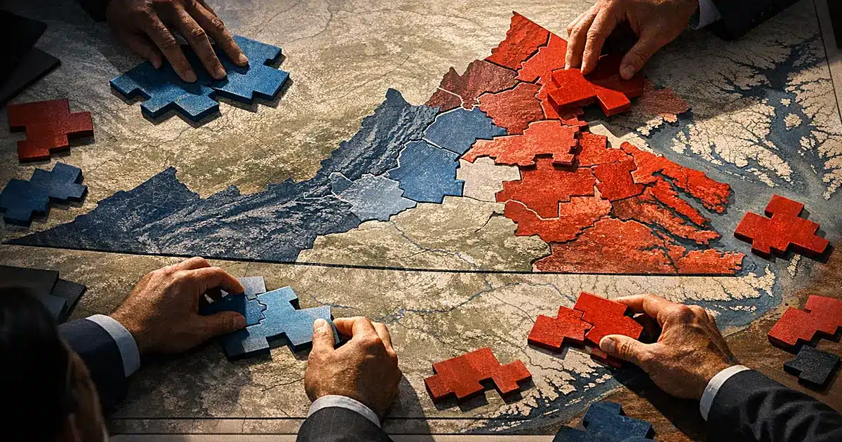 Hands rearranging puzzle-like district boundary pieces on a Virginia map, shown from above in dramatic lighting
