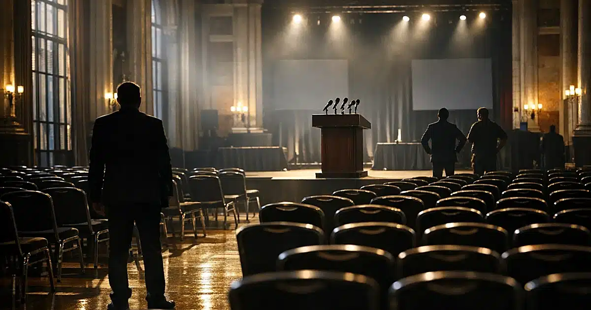 Empty conference hall with stage and microphones, silhouetted figures in background, dramatic window lighting