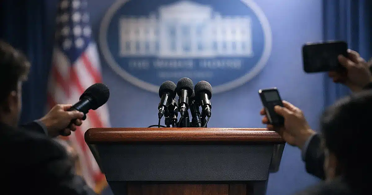 Press briefing room podium with microphones and silhouetted reporters' arms reaching forward in dramatic lighting