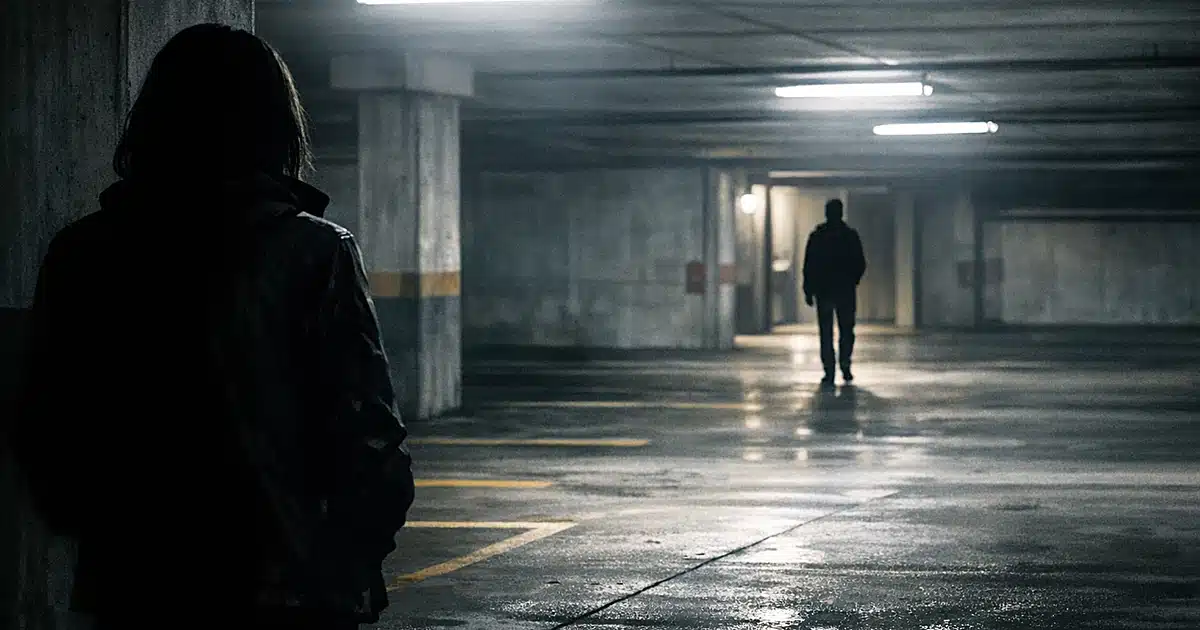 Dark silhouettes in a concrete parking garage with harsh overhead lighting and empty parking spaces