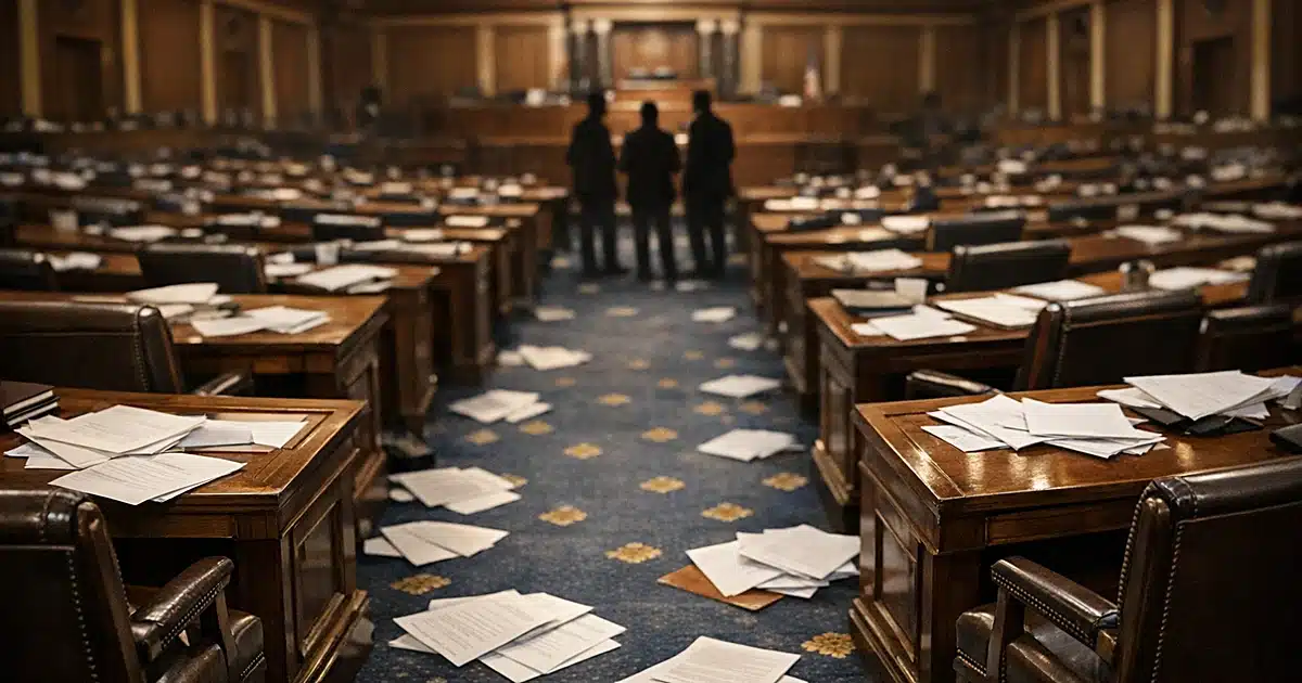 Interior of legislative chamber with scattered documents on desks and distant silhouetted figures