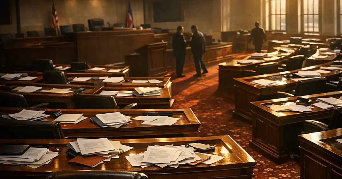 Empty legislative chamber with scattered papers on desks, sunlight streaming through windows