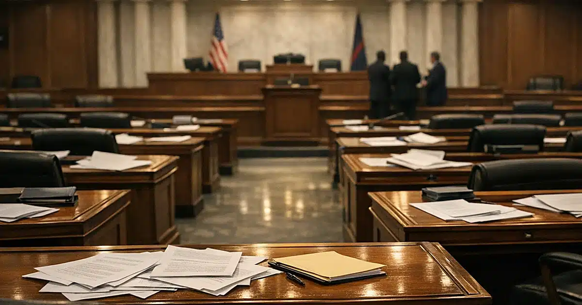 Empty Alabama legislative chamber with wooden desks and scattered papers under warm overhead lighting