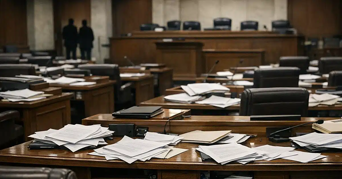 Empty state legislative chamber with scattered papers on desks and distant silhouetted figures in background