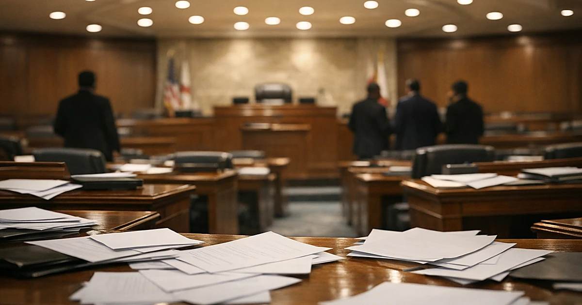 Interior of state legislative chamber with scattered documents on desks and empty seats