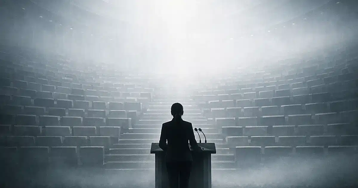 Silhouetted figure at podium facing vast auditorium dissolving into bright infinite space above