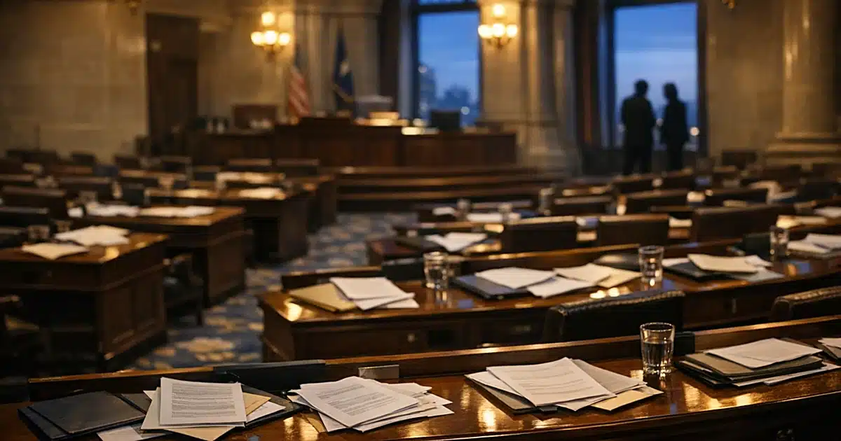 Empty New York legislative chamber at dusk with scattered papers on vacant desks and dramatic window lighting