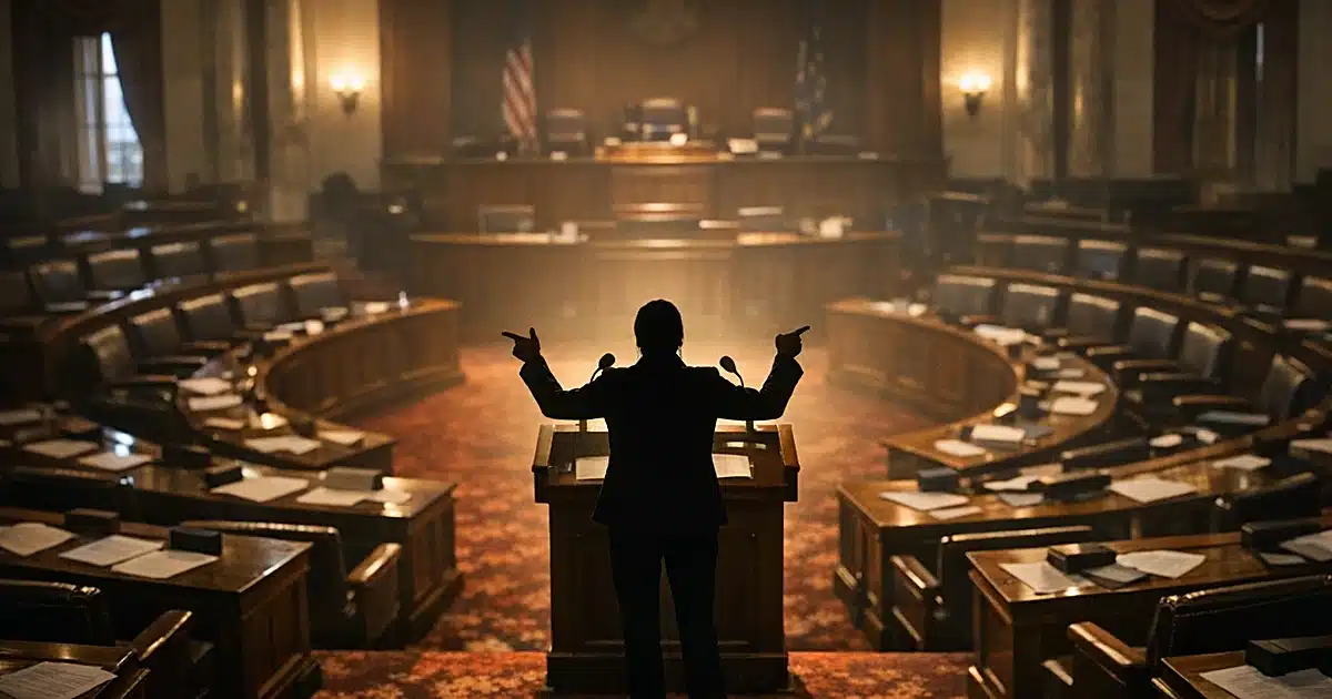 Empty congressional chamber with silhouetted figure at distant podium, dramatic side lighting through tall windows