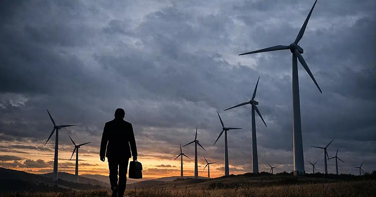 Silhouetted figure walking toward inactive wind turbines at dusk under stormy sky