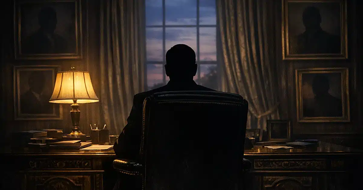 Silhouetted figure at presidential desk with shadowed portrait frames on walls suggesting historical uncertainty
