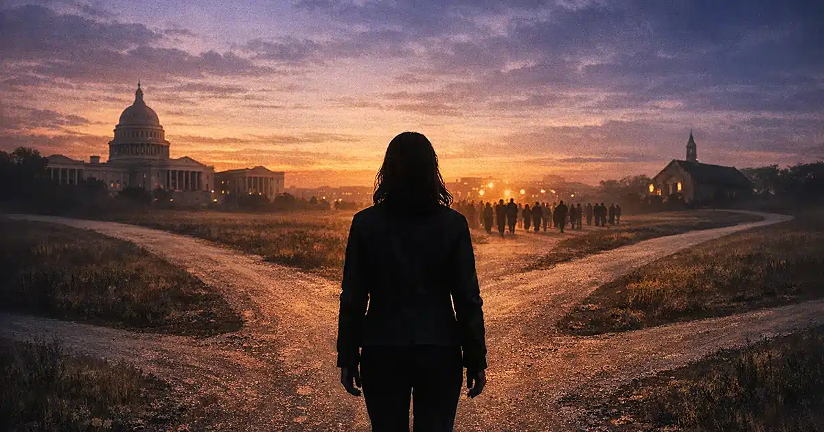 Silhouetted figure at crossroads with multiple paths leading to different destinations in twilight