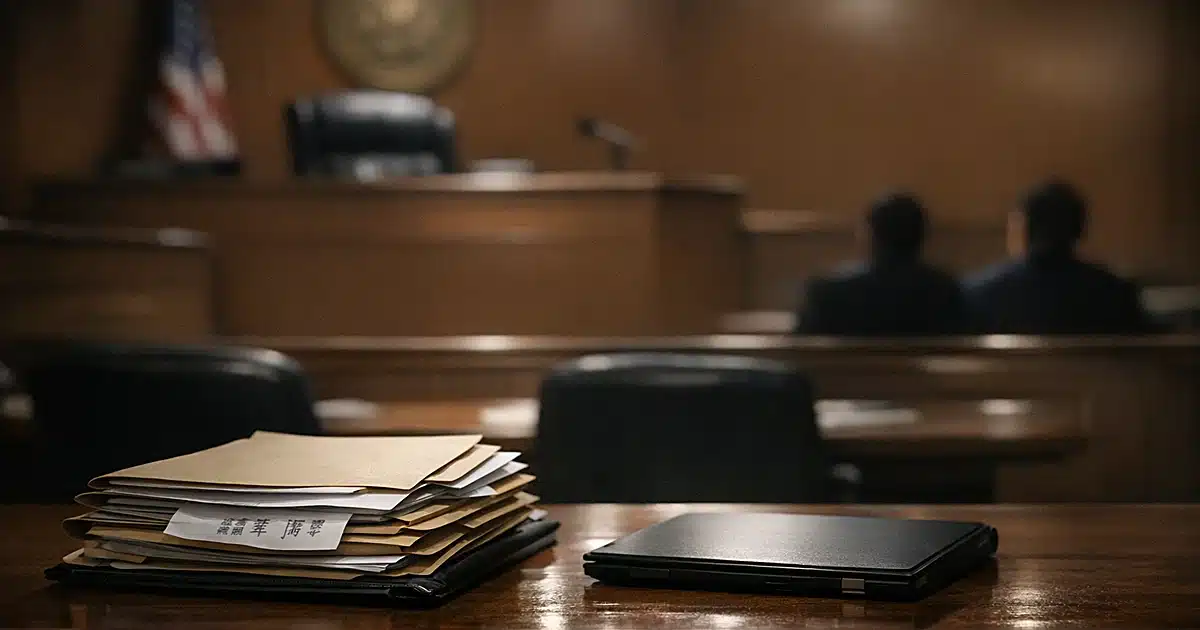 Empty federal courtroom with documents on prosecution table and dark silhouettes in gallery seating