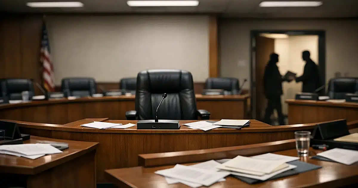Empty municipal council chamber with vacant mayor's seat and scattered papers on curved wooden desks