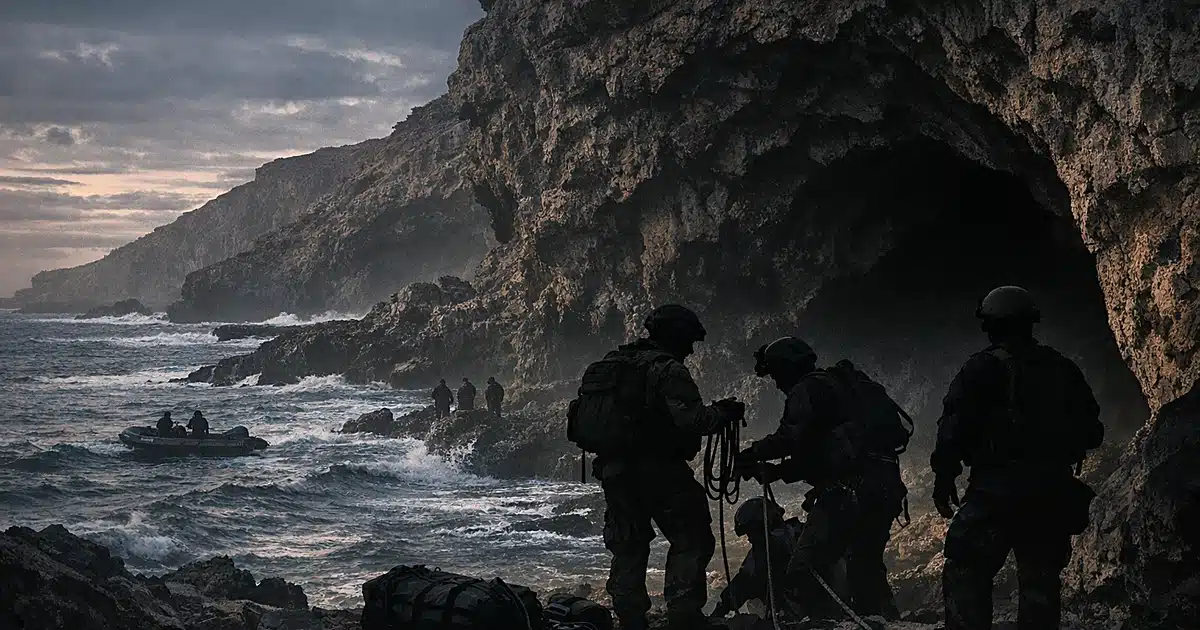 Silhouettes of rescue personnel with equipment near coastal cave openings in rocky cliffs above ocean waters